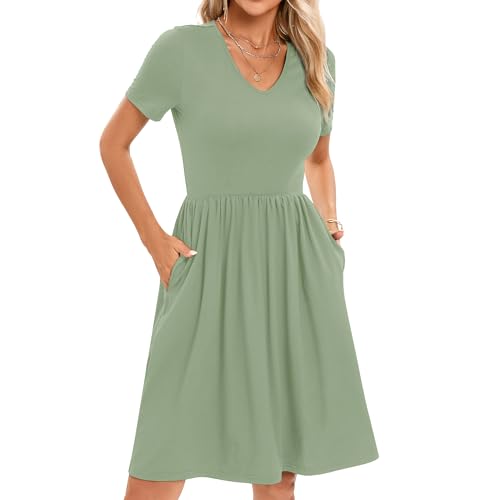 Women's Fall Casual Short Sleeve A-Line Midi Loose Fit Teacher Dresses T-Shirt Flowy Work Travel Sundress with Pockets 2025 Light Green