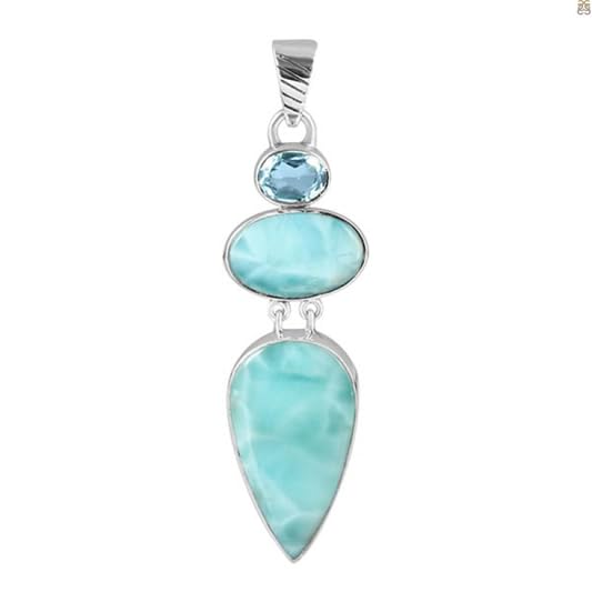 Pendentif en argent sterling 925 larimar et topaze bleue – Collier triple pierre | Pendentif déclaration de 5,1 cm pour femme | Bijoux en pierres...