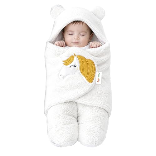 Image of OYO BABY Ultra Soft & Breathable Fabric | Wearable Hooded Swaddle Blanket for Newborns | Sleeping Bag Style Wrap | Keeps Baby Warm & Secure | Easy to Use | 0-6 Months (72x68 cm) | Unicorn White