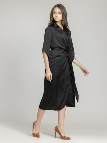 Image of SHAYE Lapel Collar Black Sequinned Short Sleeves Party Wrap Dress for Women