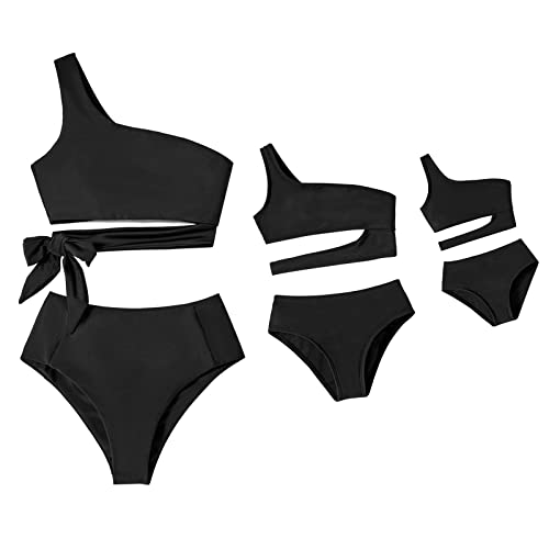 IFFEI Mommy and Me Swimsuits Women One Shoulder High Waisted Bikini Tie High Cut Two Piece Matching Outfits Swimwear 3-6M Black