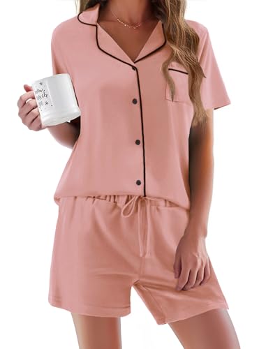 Image of Ekouaer Pajamas Set for Women Short Sleeve Sleepwear Button Down Pjs Soft 2 Piece Lounge Sets XS-XXXL