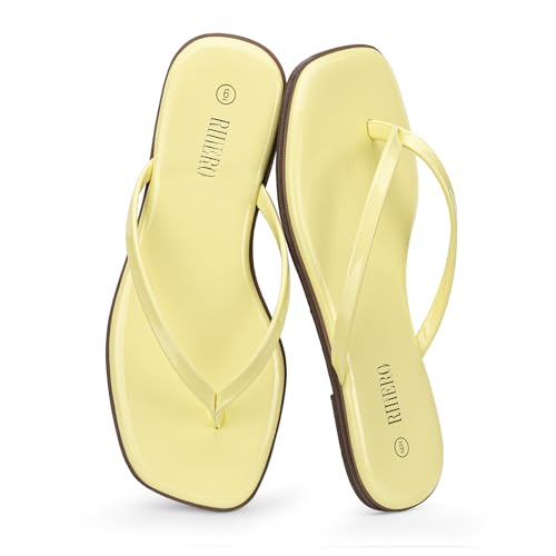 Image of Rihero Flip Flops for Women Comfortable Square Toe Beach Sandals Slip On Leather Thong Flat Sandals Dressy