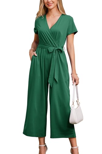 OUGES Jumpsuit Damen Sommer Elegant Overall Lang Playsuit Kurzarm Casual Hosenanzug mit Taschen(Dunkelgrün,M)