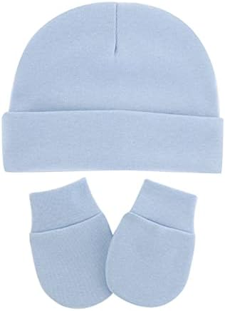 UTTPLL Baby Hats Mittens Set Unisex Newborn Beanie Cap No Scratch Cotton Gloves Toddler Boy Girl Hospital Hat 0-6 Months Light Blue One Size