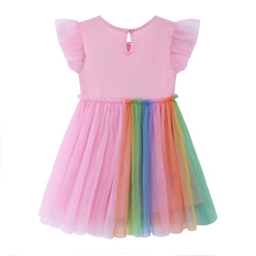 HILEELANG Toddler Girls Rainbow Cotton Tulle Dress Summer Princess Party Unicorn Dress with Flutter Sleeves4