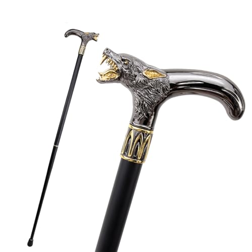 Canne de Marche pour Homme en Métal Noir et Doré avec Tête de Loup et Manche Droit, Accessoire pour Usage Quotidien Cosplay 93 Cm