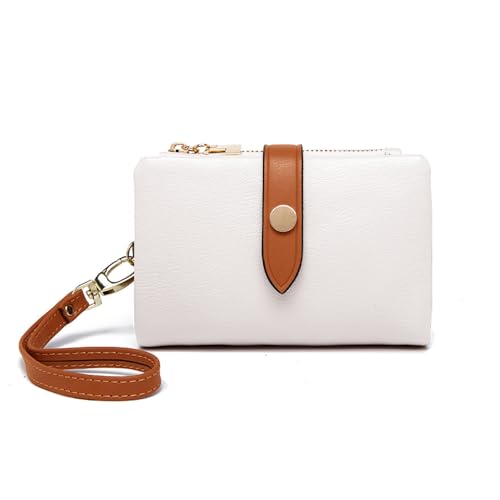 Wallets for Women Small Bifold Rfid Leather Ladies Wallets,Compact Wristlet Womens Billfold,Trifold Card Holder with Multi Credit Card Slot Zipper Coin Pocket and Wrist Strap(White)