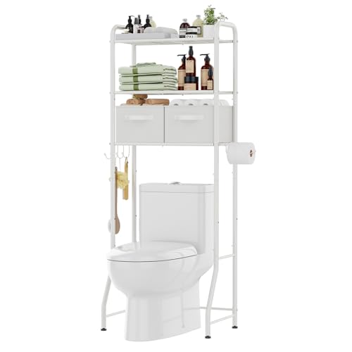 Image of Simple Trending Over The Toilet Storage Rack with Drawers, Metal 3 Tier Bathroom Organizer Shelf with Paper Holder and 3 Hooks, White