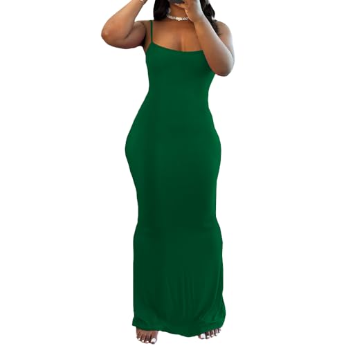 PINSV Women Summer Long Dress Casual Slip Sexy Sleeveless Bodycon Maxi Dresses for Women Green M