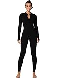 Sunzel Long Sleeve Jumpsuits for Women, Ribbed One Piece Casual Yoga Workout Zip Front Bodysuits, Legging Fit & Thumbhole 28" Inseam Black X-Large