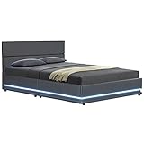 Juskys Polsterbett Toulouse 180x200 cm mit LED Beleuchtung, Bettkasten & Lattenrost - Bezug aus Kunstleder - Bett Doppelbett Stauraumbett - grau