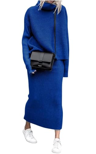 Image of ebossy Womens Ribbed Knit Sweater Outfits Casual Loose 2 Piece Turtleneck Pullovers Elastic Waist Maxi Skirt Sets