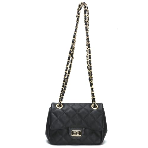 Bolsa Cosenza Feminina Mini Bag, Couro Legítimo Matelassê, Alça Corrente (Preto C/Dourado)