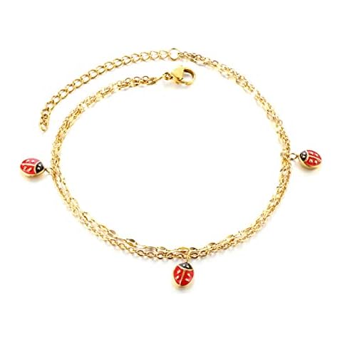 Mesnt Anklet Bracelets for Women Gold, Stainless Steel Anklets Bracelet for Womens Double Layer Chain with Ladybug Gold Beach Anklet Chain Jewelry 26CM Cover
