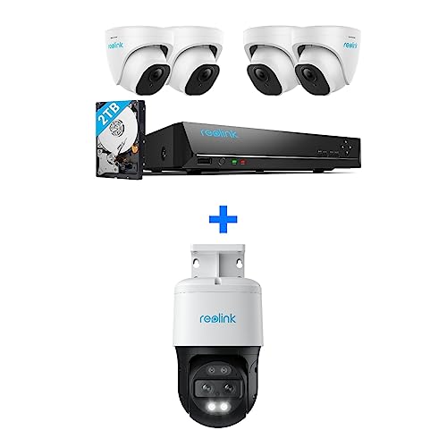 REOLINK 4K PoE Security Camera System, 4pcs Person/Vehicle Detection IP Cameras, 8CH NVR with 2TB HDD, RLK8-800D4 Bundle with PTZ Outdoor 360 Camera Trackmix PoE