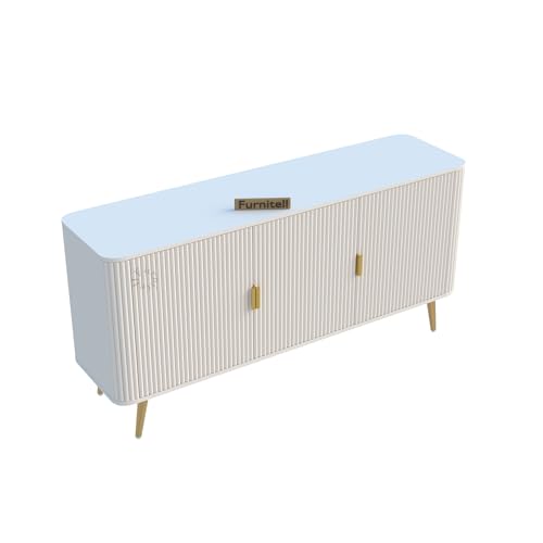 Image of Wooden Sideboard Cabinet for Living Room Storage | Modern Wooden Storage Cabinet with 3 Doors & Shelves | Buffet Console Cabinet for Dining Room, Bedroom & Hallway | Warm White | 150 cm