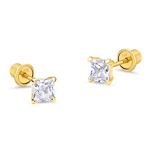 14k Yellow Gold 3, 4, 5mm Basket Princess Cut Cubic Zirconia Children Screw Back Baby Girls Earrings