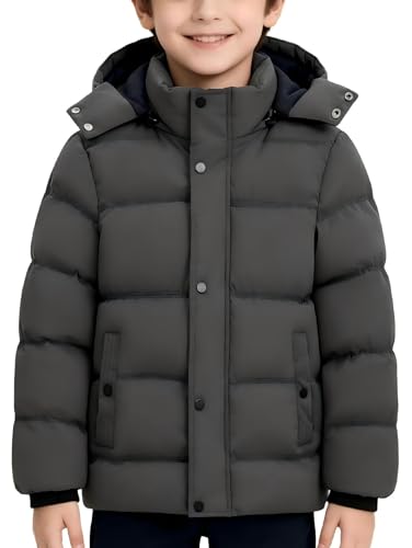 KVE Boys Hooded Thick Quilted Puffer Winter Coat Windproof Water Resistant Warm Down Alternative Jacket with Removable Hood Relaxed Fit Cold Weather Outerwear for Big Kids Teens Grey1 6-7