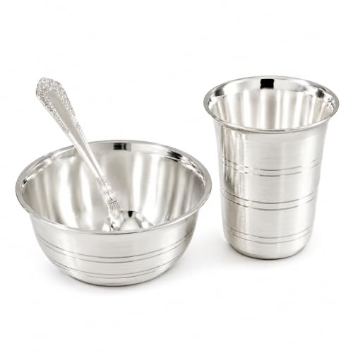 Image of 98% Pure Silver Baby Feeding Set | 3-Piece Silver Bowl, Spoon & Glass Tumbler | Ideal Gift for Baby Shower, Annaprashan, Naming Ceremony, Newborn, Housewarming & Diwali