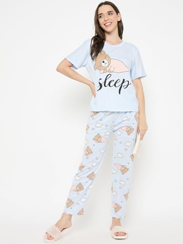 Image of CAMEY Women's Printed Pyjama Set, Short Sleeve T-Shirt and Trousers, Women Nightsuit, Loungewear Sets