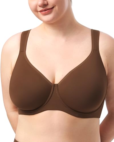 HSIA Bras for Women Minimizer Full Coverage, Plus Size T Shirt Unlined Underwire Smooth Bra, Seamless Cups Joan Ultimate Soft Coffee Brown