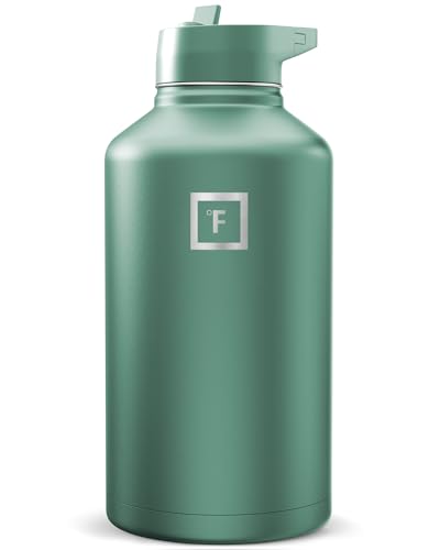 Image of IRON FLASK Camping & Hiking Hydration Flask with Straw, Wide Mouth Insulated Stainless Steel Sports Water Bottle - Sage 64 oz - Straw (1 Lid)