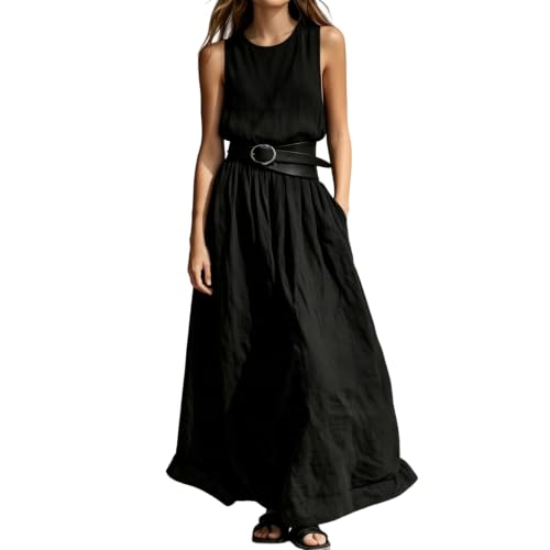 Robe longue sans manches en tissu polyester léger avec poche et ceinture