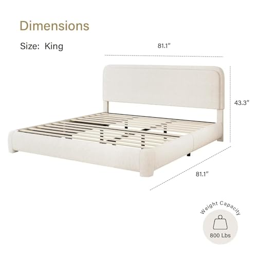 Image of BarnFurin King Bed Frame and Headboard, Cloud Boucle Upholstered Platform Bed Frame, Modern Style, Soft Rounded Corners, No Box Spring Required, Easy Assembly, Beige