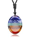 Jovivi Natural 7 Chakras Healing Crystals Necklace Oval Gemstone Palm Worry Stone Chakra Pendant Necklace for Anxiety Stress Relief Balancing Meditation