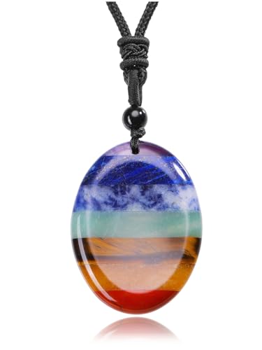 Jovivi Natural 7 Chakras Healing Crystals Necklace Oval Gemstone Palm Worry Stone Chakra Pendant Necklace for Anxiety Stress Relief Balancing Meditation