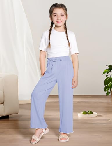 Image of Girls Wide Leg Palazzo Pant Loose Straight Cute Bow Waist Spring Summer Lightweight Dress Pant for Kids 5-14Y