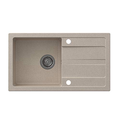 VBChome Fregadero de 77 x 44 cm de granito beige para empotrar, superficie de drenaje moteada, reversible, compuesto + sifón dispensador de detergente