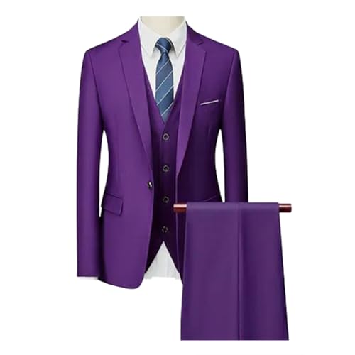 Men Slim Single Breasted 3 Pieces Wedding Party Office Blazers Coat Trousers Set Dark Purple