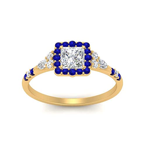 Image of Choose Your Color 14k Yellow Gold Plated Princess Shape Petite Engagement Rings Halo Edwardian Engagement Ring Everyday Wedding Jewelry Handmade Gifts for Wife : US Size 4 to 12