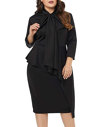 LALAGEN Damen Midi-Kleid mit Langen Ärmeln und Schößchen, figurbetont, Bleistiftkleid, Übergröße, schwarz, X-Groß