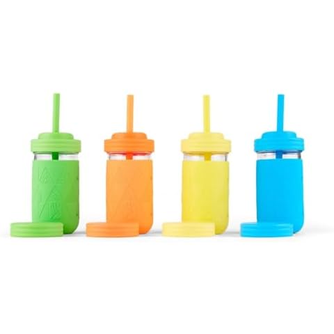 Elk and Friends Kids & Toddler Cups | The Original Glass Mason jars 12 oz with Silicone Sleeves & Silicone Straws | Smoothie Cups | Spill Proof Cups Cover