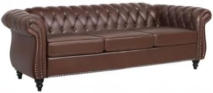 Miniatura 9 de Sofá Chesterfield de 84 pulgadas, piel sintética, moderno sofá de 3 plazas con brazo enrollado y respaldo copetudo, sofás tapizados con cabeza de