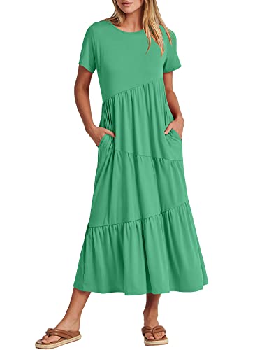 Image of ANRABESS Women Summer Maxi Dress Short Sleeve Swing Casual Asymmetric Tiered Vacation Long Beach Sundress Outfits Grass Green Medium