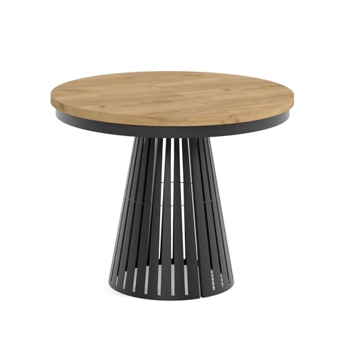 MEBLINI Esstisch Rund Ausziehbar aus Metall - 100-176x76cm - Coney - Craft Eiche/Schwarz Matt - Loft - Esszimmertisch Modern - Küchentisch - Ausziehtisch - Round Dining Table