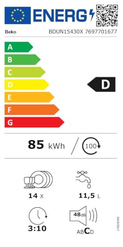 Beko BDUN15430X b300 Unterbau-Geschirrspüler 60 cm, für 14 Maßgedecke, 3 Spülebenen, 4 Temperaturen, 5 Programme, halbe Beladung, automatische Türöffnung, Quick&Clean