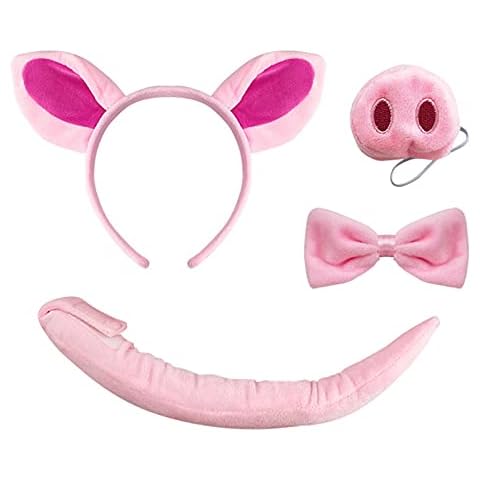 YAXAMING 4 Pcs Halloween Pig Ears Headband Nose Bow Tie Tail Pink Pig Hair Hoops Bands Bowtie Animal Pig Headpiece Hairband Women Christmas Holiday Festival Cosplay Dress Up Birthday Party Accessories Cover