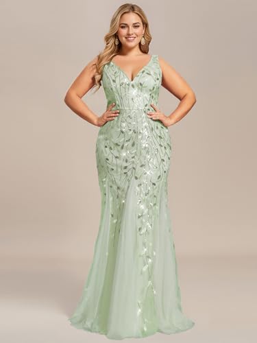 Image of Ever-Pretty Plus Sequin Formal Dresses Sleeveless V Neck Mermaid Ball Gowns Plus Size Prom Dress