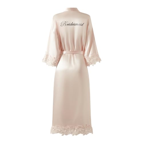 Image of Women's Long Bride Bridesmaid Robes with Lace Trim Embroidery Bridal Silky Satin Kimono Wedding Party Bathrobe