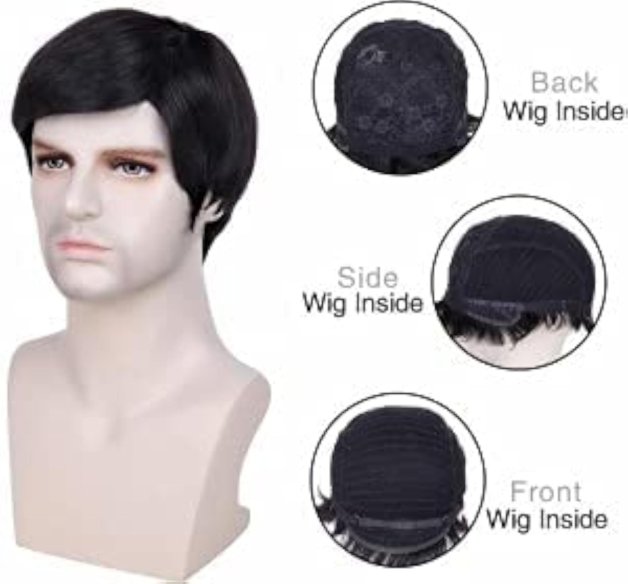 Men's Natural Black Full Head Hair Wig, Easy to Attach