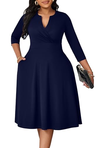 Image of Runwind Women's Plus Size Midi Dress 3 /4 Sleeve Fit and Flare Cocktail Dresses Casual V-Neck Dress with Pockets