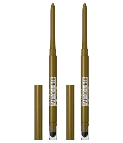 Maybelline New York Tattoo Liner Automatischer Augenstift aus Gel, wasserfest, langer Halt 36 Stunden, mit Schwamm zum Verblenden der Farbe Emerald Energy – 2 Kosmetika