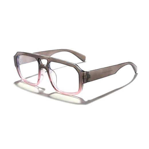 Trendy Double Bridge Square Blue Light Blocking Glasses, Gradient PC Frame AC Lens Fashion Anti Blue Light Eyeglasses (grey pink)