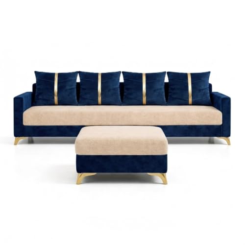 Image of Caviar 5 Seater L Shape Sofa Set with Movable Ottoman | Flexible Layout | Luxury Velvet Suede Fabric | Modern Living Room Sofa | Dark Blue-Cream