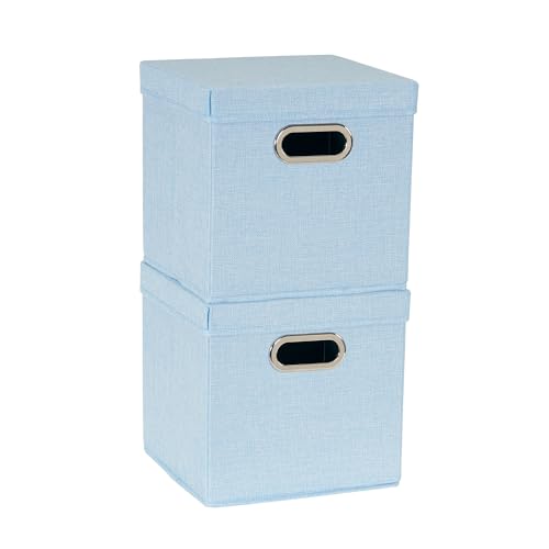 Image of Household Essentials 816-1 Café Cube Bin Storage Set with Lids and Handles | 2 Pack, Baby Blue Linen